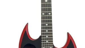 Schwarze, rot umrandete E-Gitarre mit markantem Metal-Design
