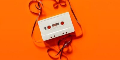 Weiße Audiokassette mit herausgezogenem Band auf orangefarbenem Grund